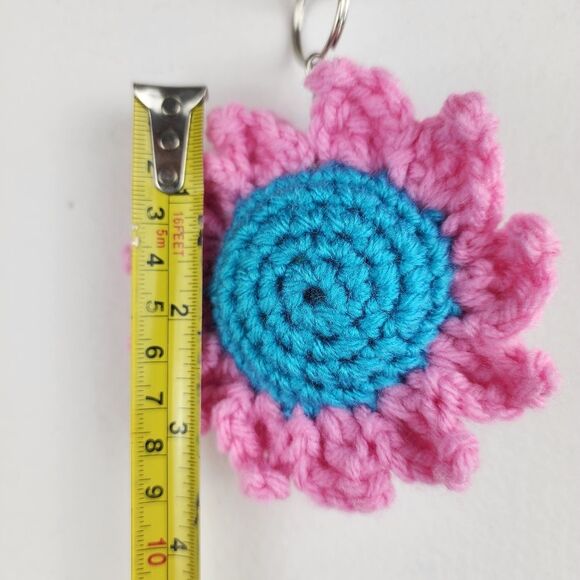 New Crochet Light Blue Pink Flower Keychain Handmade Handcrafted - Picture 3 of 5